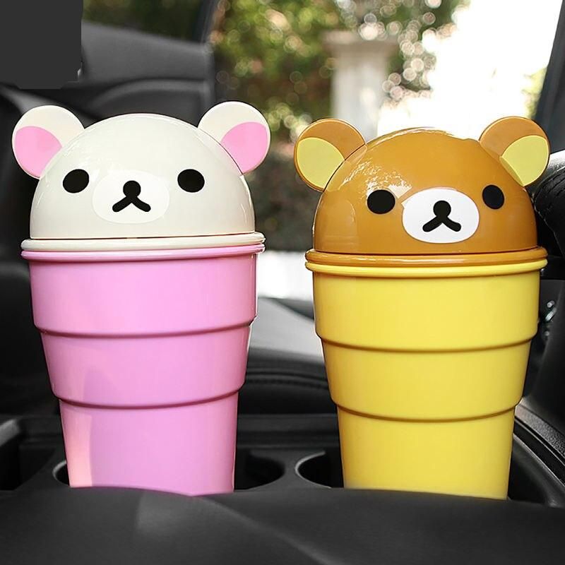 Cute Cartoon Bear Car Trash Can with Rolling Cover