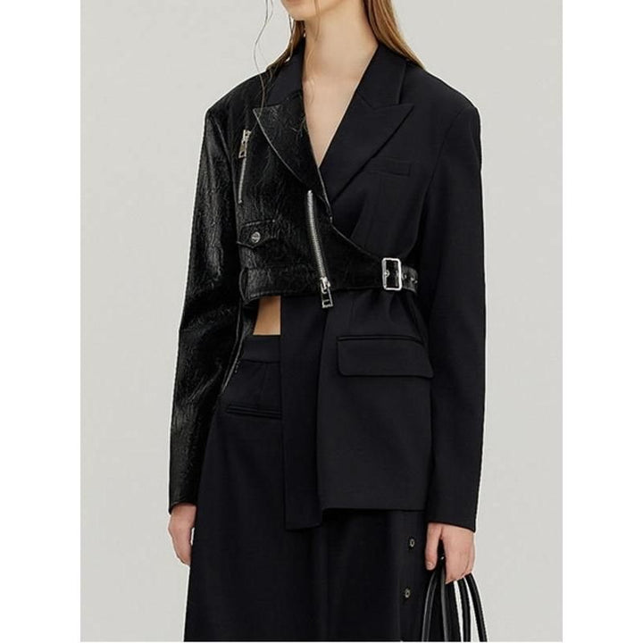 Chic Irregular Women's Blazer with PU Leather Splicing