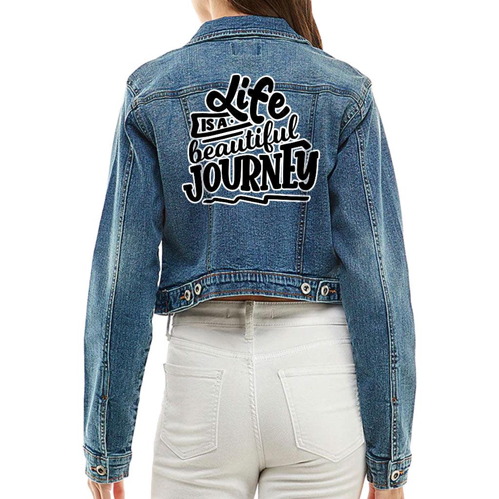 Life is Beautiful Cropped Ladies Denim Jacket - Inspirational Women's Denim Jacket - Cute Denim Jacket - MRSLM