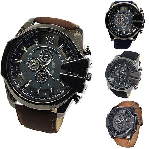 Men's Fashion Analog Sport Stainless Steel Case Quartz Faux Leather Wrist Watch - MRSLM