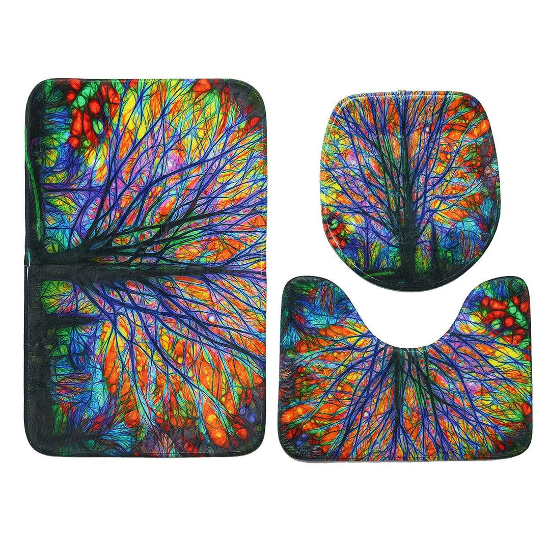 3Pcs Christmas Colorful Tree Mat Bathroom Rug Anti-slip Lid Toilet Cover Bath Mat Pedestal Rug - MRSLM