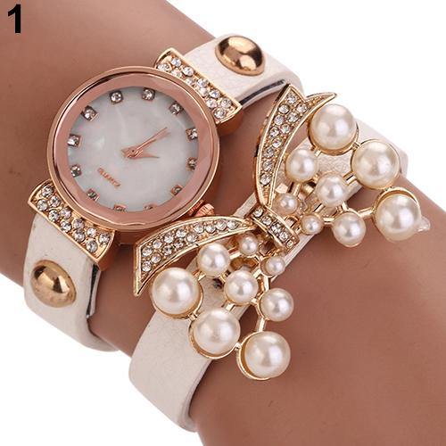 Women's Butterfly Faux Pearls Bracelet Faux Leather Rhinestone Wrap Wrist Watch - MRSLM