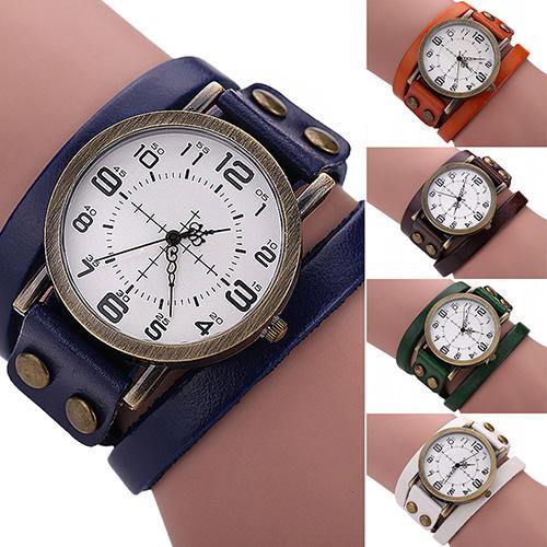 Unisex Retro Style Multi-Layers Leather Strap Bangle Wrap Bracelet Wrist Watch - MRSLM