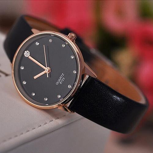 Women's Fashion Faux Leather Band Wristwatch Rhinestone Inlaid Quartz Watch - MRSLM