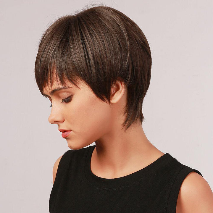 9 Inch Dark Brown Short Straight Hair Breathable Bangs High Temperature Fiber Wig - MRSLM