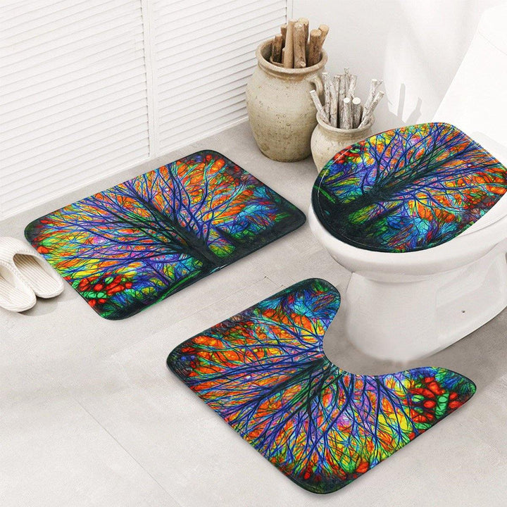 3Pcs Christmas Colorful Tree Mat Bathroom Rug Anti-slip Lid Toilet Cover Bath Mat Pedestal Rug - MRSLM