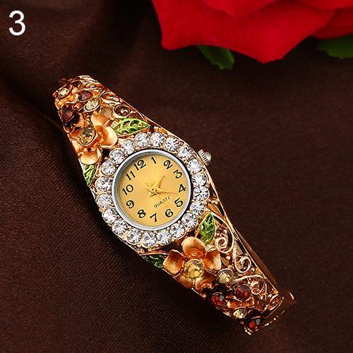 Women's Beautiful Flower Band Hollow Out Bangle Crystal Quartz Bracelet Watch Jewelry - MRSLM