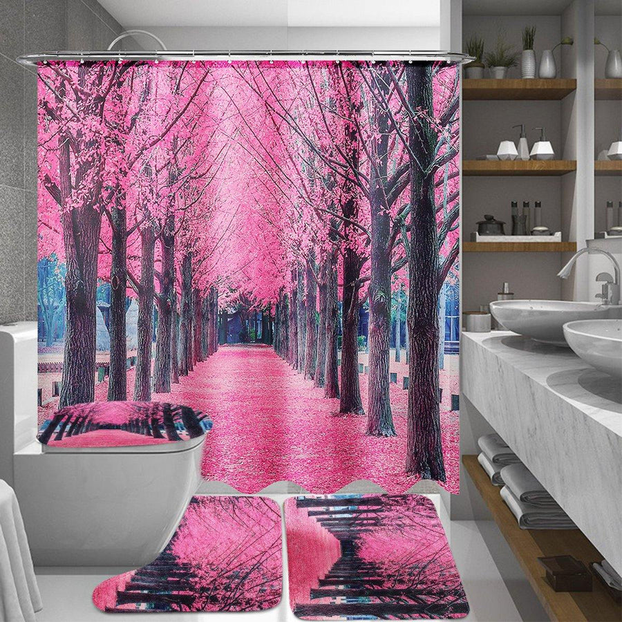 Sakura Floral Waterproof Bathroom Shower Curtain Seat Lid Cover Bath Mat Hook - MRSLM