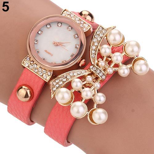 Women's Butterfly Faux Pearls Bracelet Faux Leather Rhinestone Wrap Wrist Watch - MRSLM