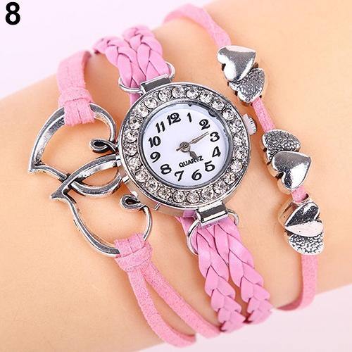 Double Heart Multilayer Cuff Bracelet Wristwatch Faux Leather Knited Bangle Watch - MRSLM