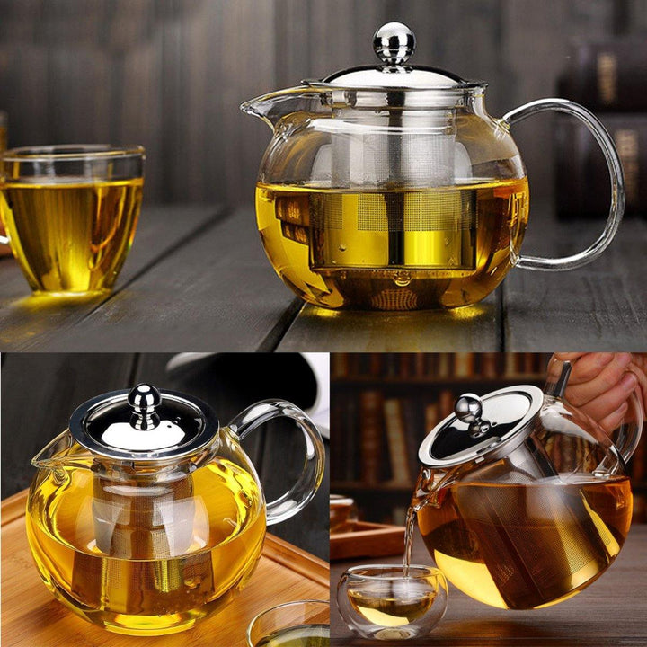 600/950/1300ml Clear Stainless Steel Heat Resistant Glass Teapot Infuser Tea Pot - MRSLM