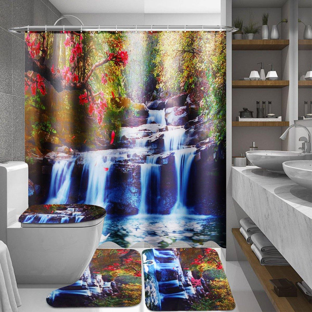 180x180cm Swans Flowers Cascade Waterproof Shower Curtain with 12pcs C-type Hooks Bathroom Set - MRSLM