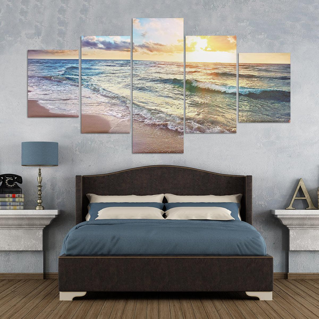 5 Panels Unframed Modern Canvas Seascape Sunrise Art Hanging Picture Room Wall Art Pictures Home Wall Decoration Supplies - MRSLM