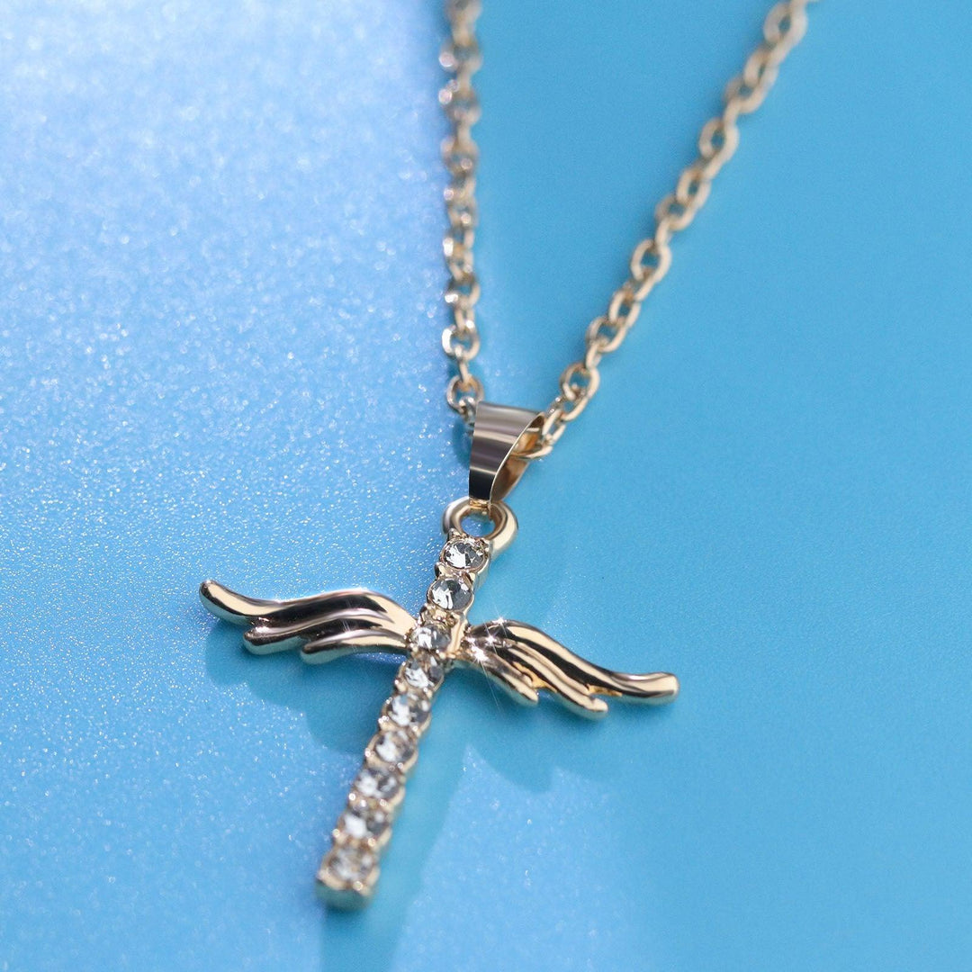 Simple Cross Diamond Angel Wings Pendant - MRSLM