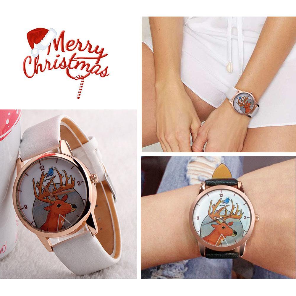 Fashion Christmas Deer Faux Leather Band Quartz Analog Wrist Watch Student Gift - MRSLM