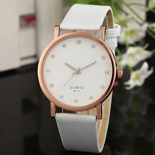 Women's Fashion Faux Leather Band Wristwatch Rhinestone Inlaid Quartz Watch - MRSLM