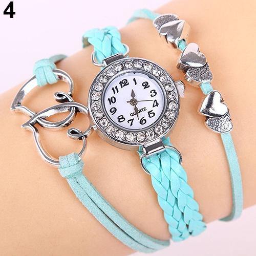 Double Heart Multilayer Cuff Bracelet Wristwatch Faux Leather Knited Bangle Watch - MRSLM