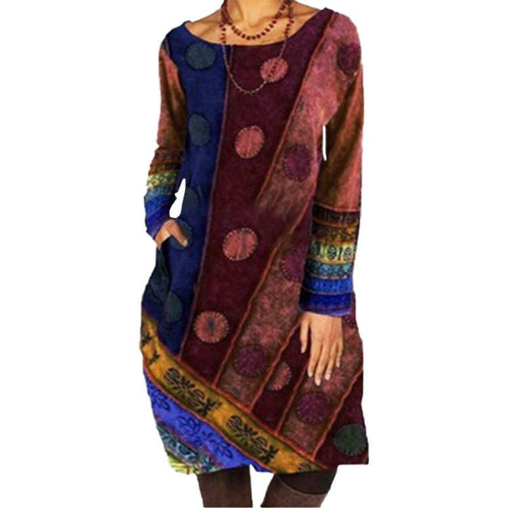 Ethnic Casual Loose Printed Dress Round Neck Long Sleeves - MRSLM