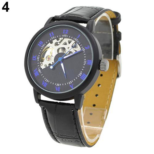 Men's Mechanical Hollow Dial Faux Leather Band Arabic Numerals Wrist Watch - MRSLM