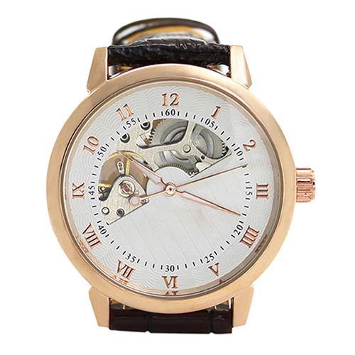 Men's Mechanical Hollow Dial Faux Leather Band Arabic Numerals Wrist Watch - MRSLM