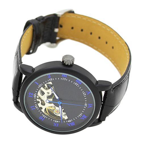 Men's Mechanical Hollow Dial Faux Leather Band Arabic Numerals Wrist Watch - MRSLM