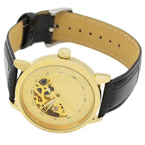 Men's Mechanical Hollow Dial Faux Leather Band Arabic Numerals Wrist Watch - MRSLM