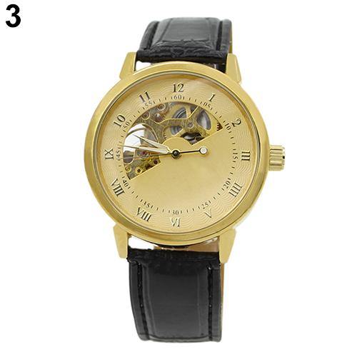 Men's Mechanical Hollow Dial Faux Leather Band Arabic Numerals Wrist Watch - MRSLM