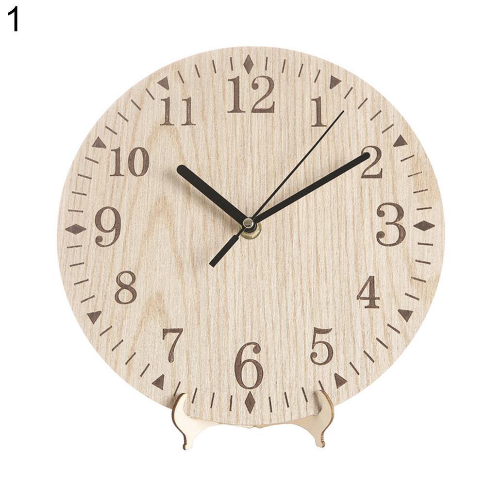 Retro Round Numbers Wooden Desktop Analog Clock Living Room Bedroom Home Decor - MRSLM