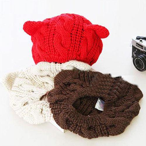 Women's Winter Fashion Lovely Cat Ear Crochet Knitted Ski Woolen Cap Beanie Hat - MRSLM