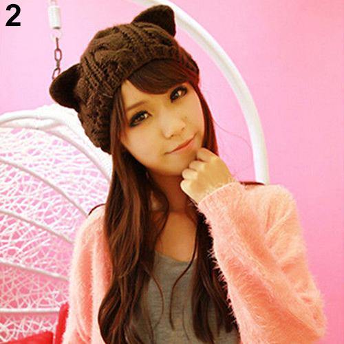 Women's Winter Fashion Lovely Cat Ear Crochet Knitted Ski Woolen Cap Beanie Hat - MRSLM