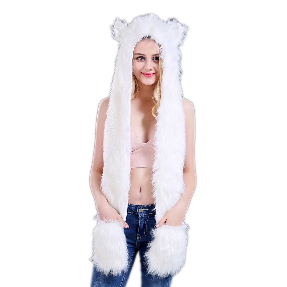 Women Winter Cartoon Wolf Hood Hat with Scarves Mittens Ears Paws Warm Outwear - MRSLM