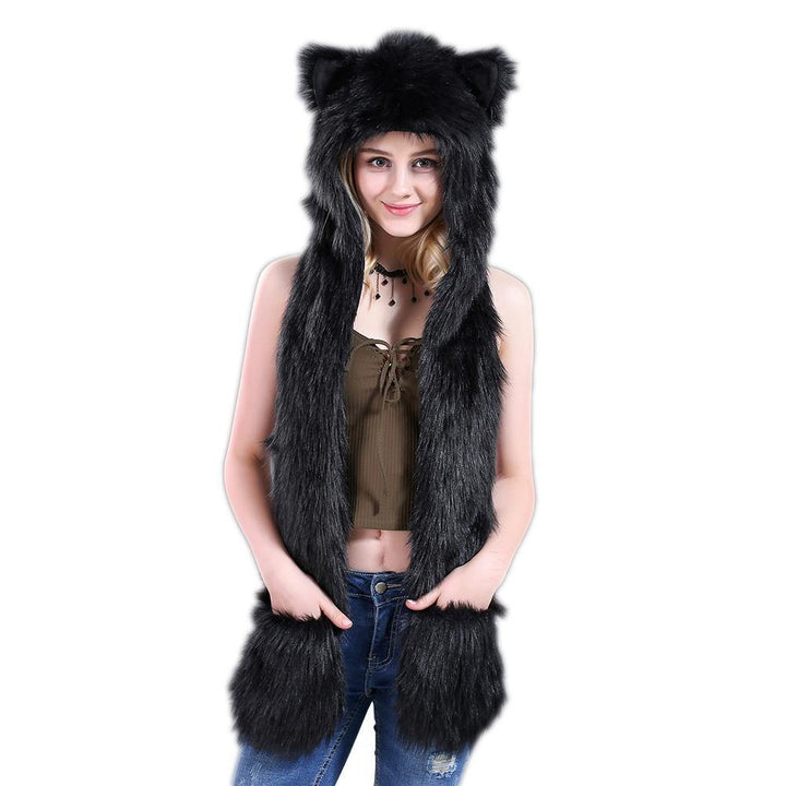 Women Winter Cartoon Wolf Hood Hat with Scarves Mittens Ears Paws Warm Outwear - MRSLM