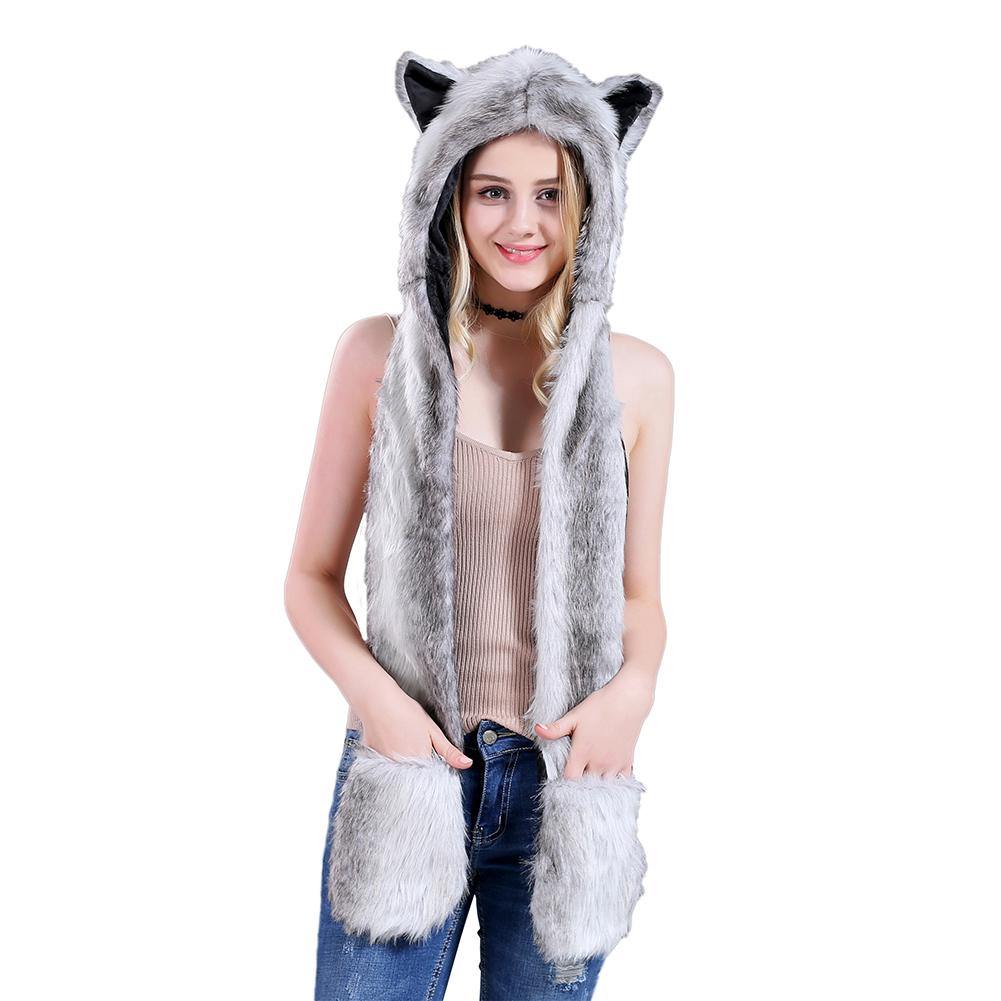 Women Winter Cartoon Wolf Hood Hat with Scarves Mittens Ears Paws Warm Outwear - MRSLM