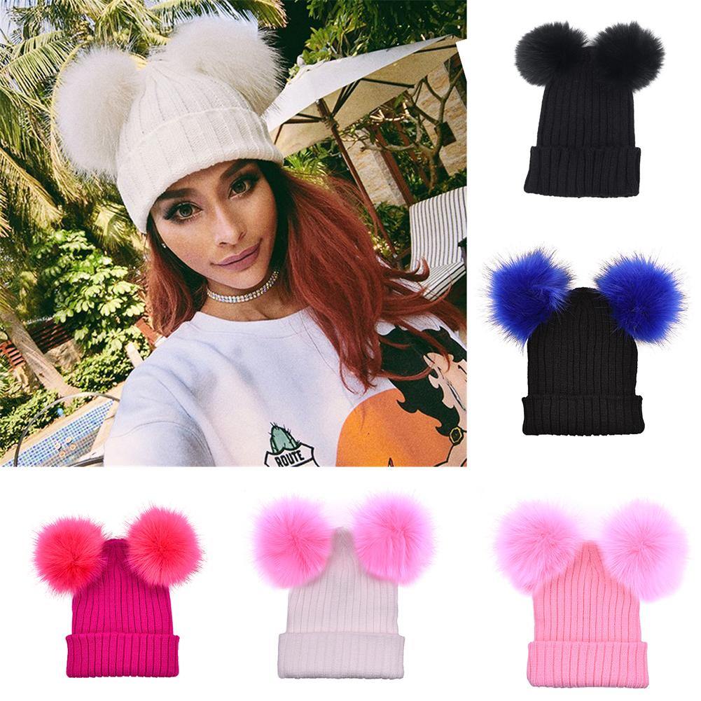 Fashion Knitted Faux Fur Ball Pom Pom Cute Women Lady Beanie Hat Warm Cap Gift - MRSLM