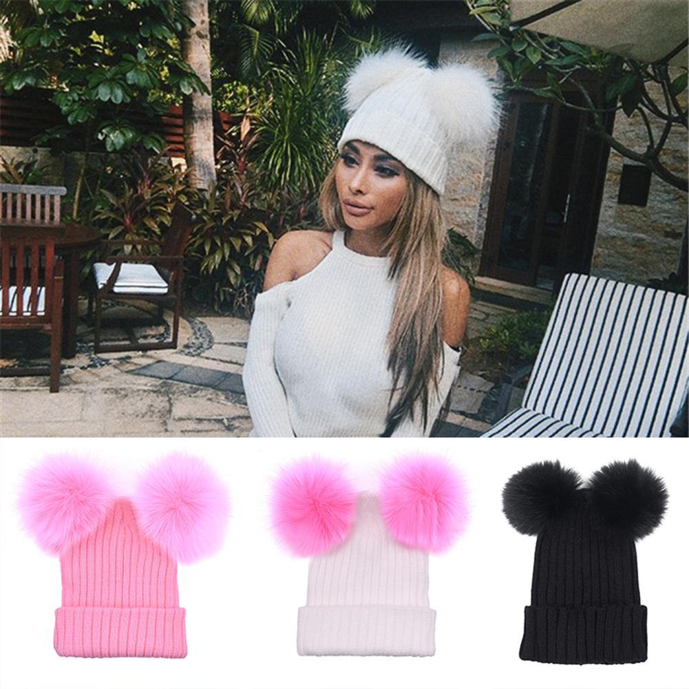 Fashion Knitted Faux Fur Ball Pom Pom Cute Women Lady Beanie Hat Warm Cap Gift - MRSLM