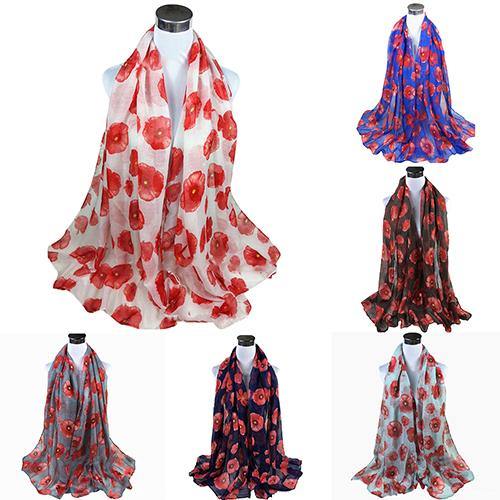 Women's Fashion Sexy Poppy Flowers Print Chiffon Comfortable Shawl Long Scarf - MRSLM