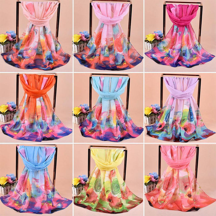 Rose Flower Pattern Autumn Winter Women Fashion Long Chiffon Smooth Scarf - MRSLM