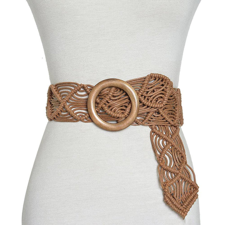 Retro Round Wooden Buckle Handmade Braided Women Waistband Waist Strap Belt - MRSLM