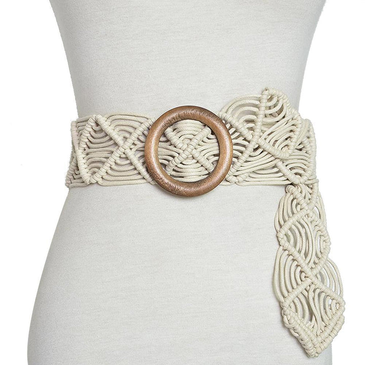 Retro Round Wooden Buckle Handmade Braided Women Waistband Waist Strap Belt - MRSLM