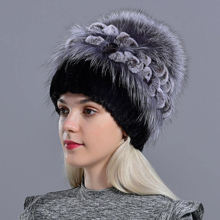 winter hat knitted women's natural mink fur hat fox pompom rabbit flowers stylish warm fashion girls real fur hats - MRSLM