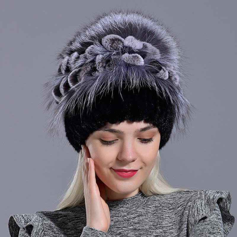 winter hat knitted women's natural mink fur hat fox pompom rabbit flowers stylish warm fashion girls real fur hats - MRSLM