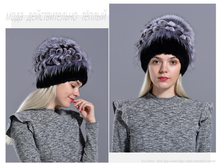 winter hat knitted women's natural mink fur hat fox pompom rabbit flowers stylish warm fashion girls real fur hats - MRSLM