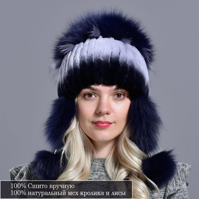 winter hat for women warm natural geniune rex rabbit fur knitted hats with earflaps handsewn fashionable bomber hat - MRSLM