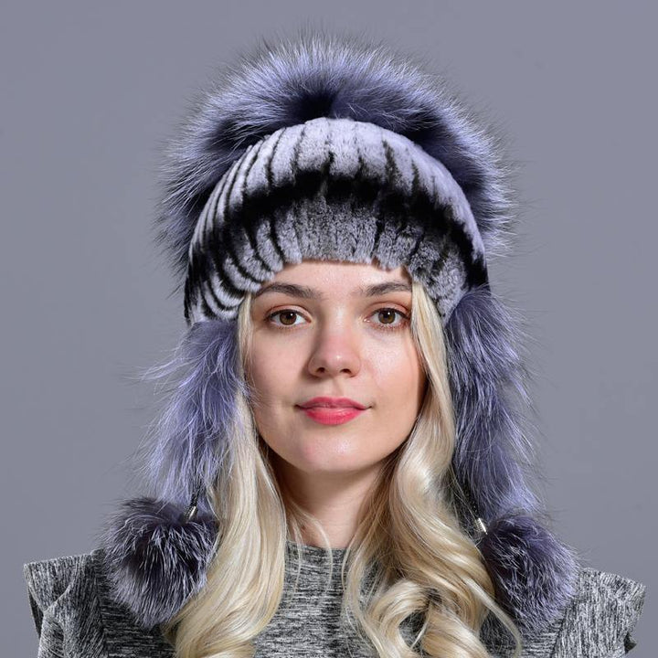 winter hat for women warm natural geniune rex rabbit fur knitted hats with earflaps handsewn fashionable bomber hat - MRSLM