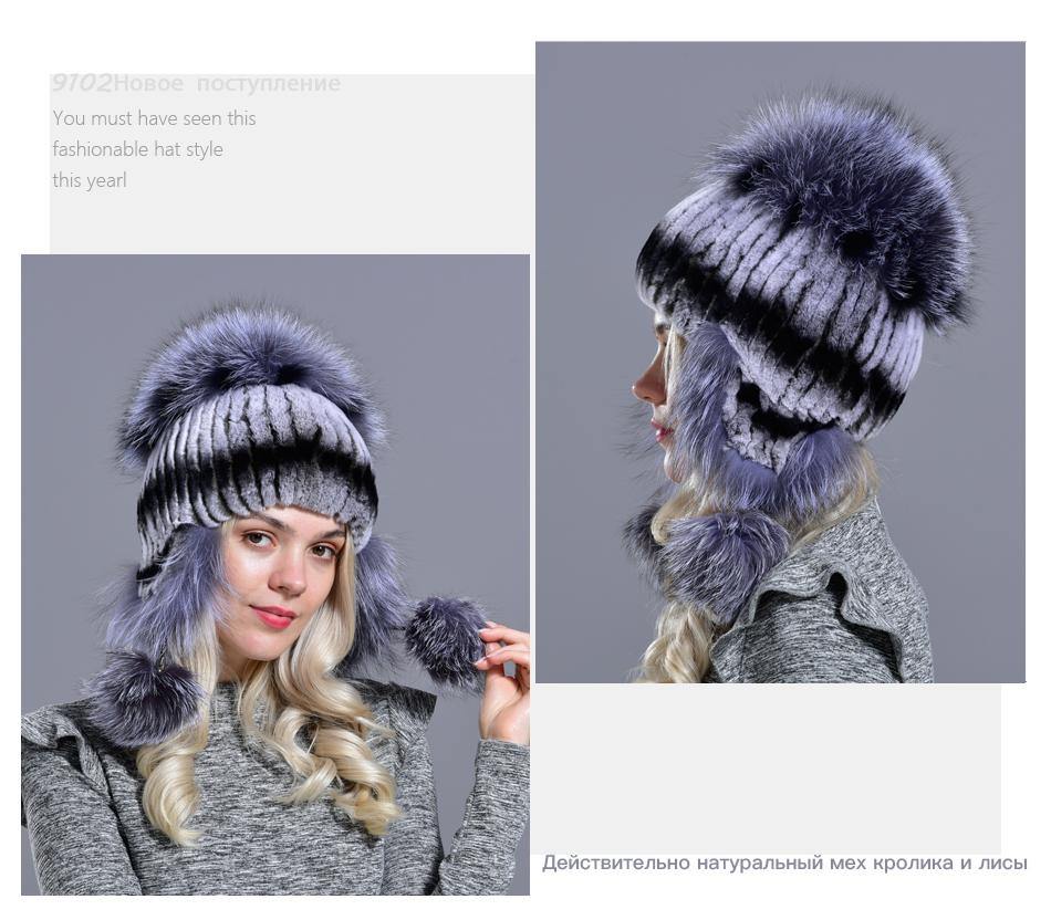 winter hat for women warm natural geniune rex rabbit fur knitted hats with earflaps handsewn fashionable bomber hat - MRSLM