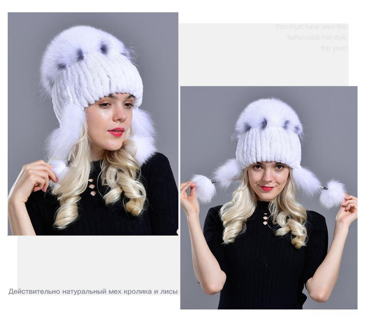 winter hat for women warm natural geniune rex rabbit fur knitted hats with earflaps handsewn fashionable bomber hat - MRSLM