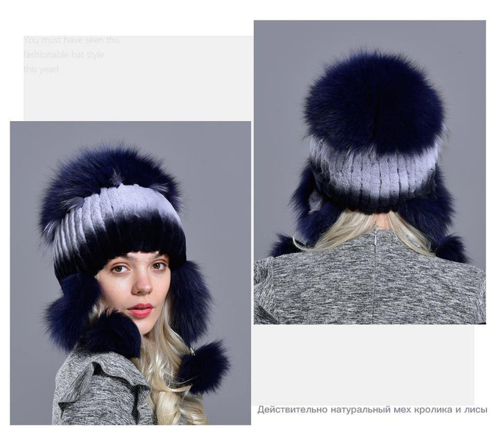 winter hat for women warm natural geniune rex rabbit fur knitted hats with earflaps handsewn fashionable bomber hat - MRSLM