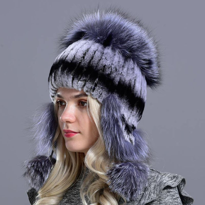 winter hat for women warm natural geniune rex rabbit fur knitted hats with earflaps handsewn fashionable bomber hat - MRSLM