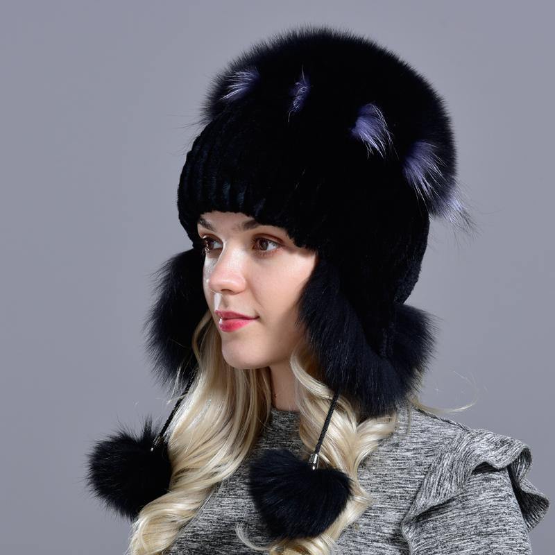 winter hat for women warm natural geniune rex rabbit fur knitted hats with earflaps handsewn fashionable bomber hat - MRSLM