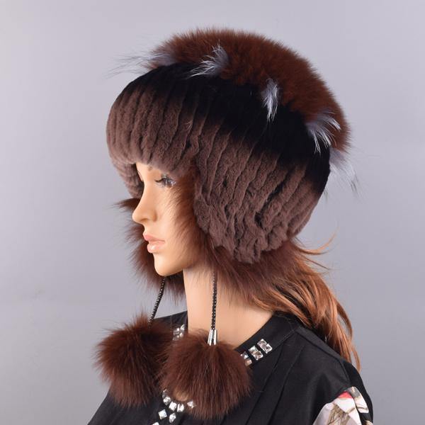 winter hat for women warm natural geniune rex rabbit fur knitted hats with earflaps handsewn fashionable bomber hat - MRSLM